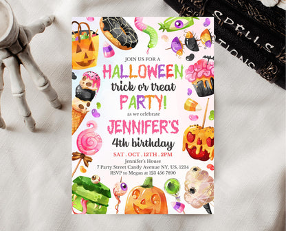 Editable Halloween Candy Birthday Invitation, Halloween Sweets Birthday, Trick Or Treat Invite, Halloween Invite Template, Printable, CHBP01