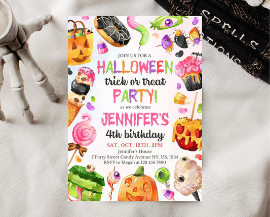 Editable Halloween Candy Birthday Invitation, Halloween Sweets Birthday, Trick Or Treat Invite, Halloween Invite Template, Printable, CHBP01