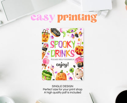 Halloween Candy Drinks Sign Spooky Birthday, Halloween Decor Sign, Spooky Party Sign, Pink Sweets Candy Halloween Decor, Printable, CHBP01