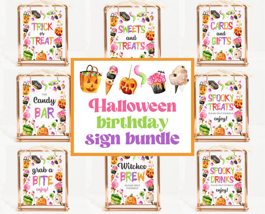 Editable Halloween Candy Birthday Sign Bundle, Halloween Birthday Sign, Halloween Sweets Sign, Pink And Orange, Template, Printable, CHBP01
