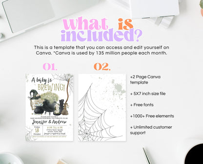 Editable A Baby is Brewing Halloween Baby Shower Invitation, Cauldron Halloween Baby Shower Invitation Template, Witch Baby Shower, HBSC05