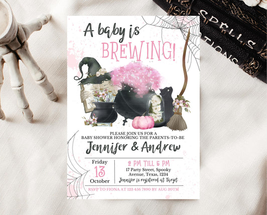 Editable A Baby Is Brewing Shower Invitation, Pink Witch Baby Shower Invitation, A Baby Girl Is Brewing Invitation, Cauldron Invite, HBSC06