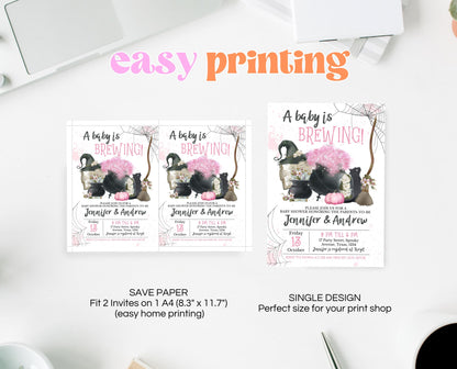 Editable A Baby Is Brewing Shower Invitation, Pink Witch Baby Shower Invitation, A Baby Girl Is Brewing Invitation, Cauldron Invite, HBSC06