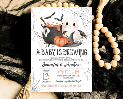 Editable A Baby is Brewing Halloween Invitation, Gender Neutral Halloween Baby Shower Invitation Template, Witch Baby Shower Invite, HBSC01
