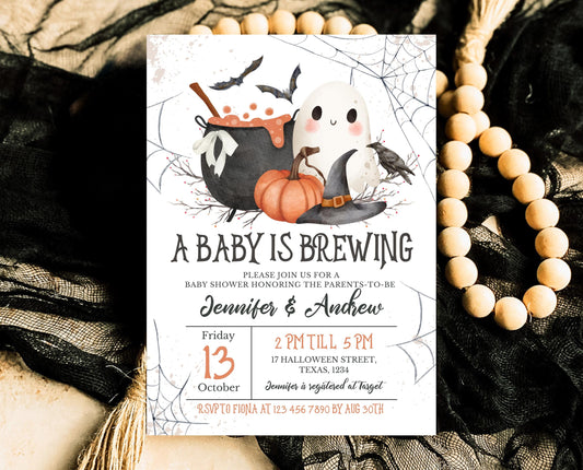 Editable A Baby is Brewing Halloween Invitation, Gender Neutral Halloween Baby Shower Invitation Template, Witch Baby Shower Invite, HBSC01