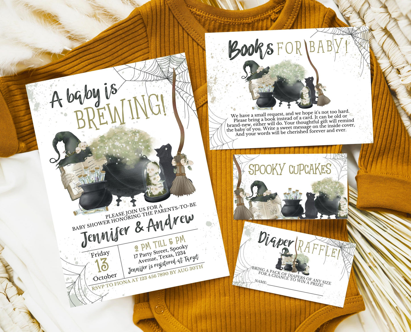 Editable A Baby is Brewing Halloween Baby Shower Invitation Bundle, Boy Halloween Baby Shower Invitation, Green Witch Baby Shower, HBSC05
