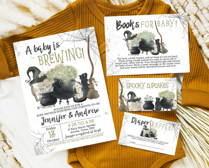 Editable A Baby is Brewing Halloween Baby Shower Invitation Bundle, Boy Halloween Baby Shower Invitation, Green Witch Baby Shower, HBSC05