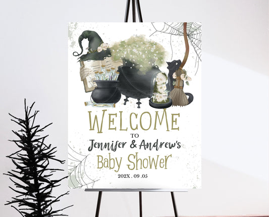 Editable A Baby is Brewing Halloween Baby Shower Welcome Sign, Green Boy Halloween Baby Shower Sign Template, Witch Baby Shower, HBSC05