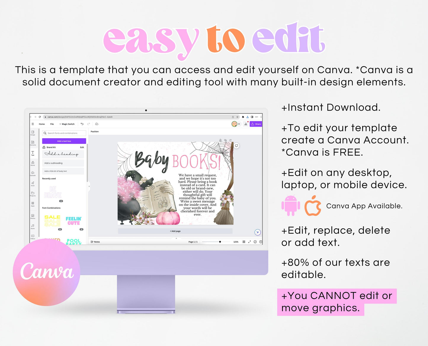 Editable Pink Witch Baby Books Request Card Template, Pink Witch Baby Shower Baby Books, A Baby Girl Is Brewing Book Request Card, HBSC06