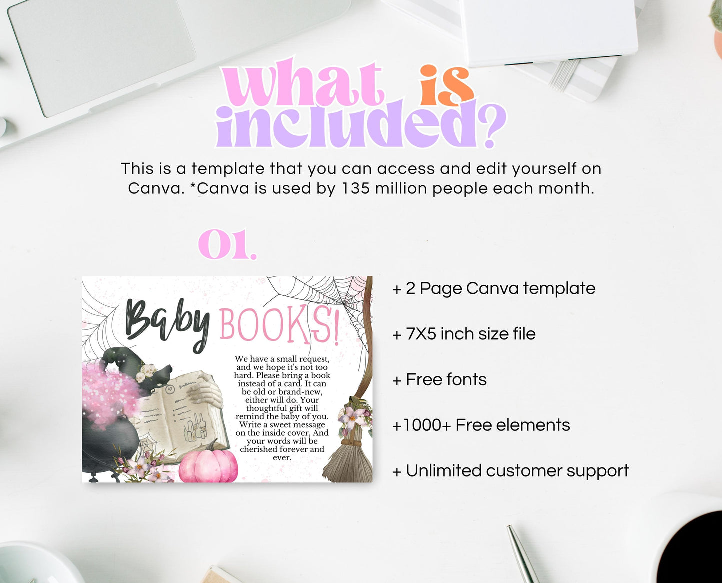 Editable Pink Witch Baby Books Request Card Template, Pink Witch Baby Shower Baby Books, A Baby Girl Is Brewing Book Request Card, HBSC06