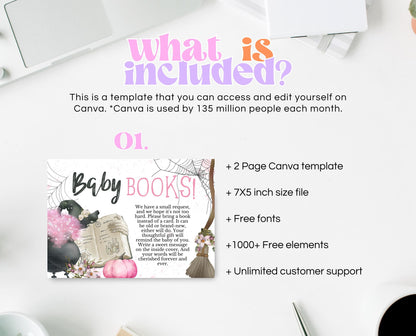Editable Pink Witch Baby Books Request Card Template, Pink Witch Baby Shower Baby Books, A Baby Girl Is Brewing Book Request Card, HBSC06