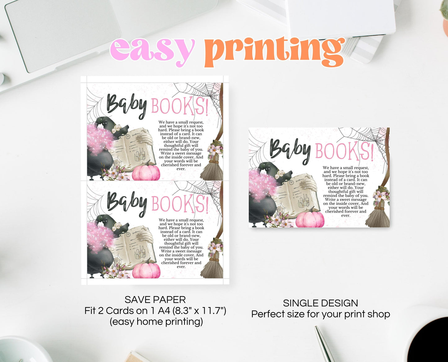 Editable Pink Witch Baby Books Request Card Template, Pink Witch Baby Shower Baby Books, A Baby Girl Is Brewing Book Request Card, HBSC06