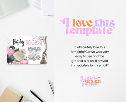 Editable Pink Witch Baby Books Request Card Template, Pink Witch Baby Shower Baby Books, A Baby Girl Is Brewing Book Request Card, HBSC06