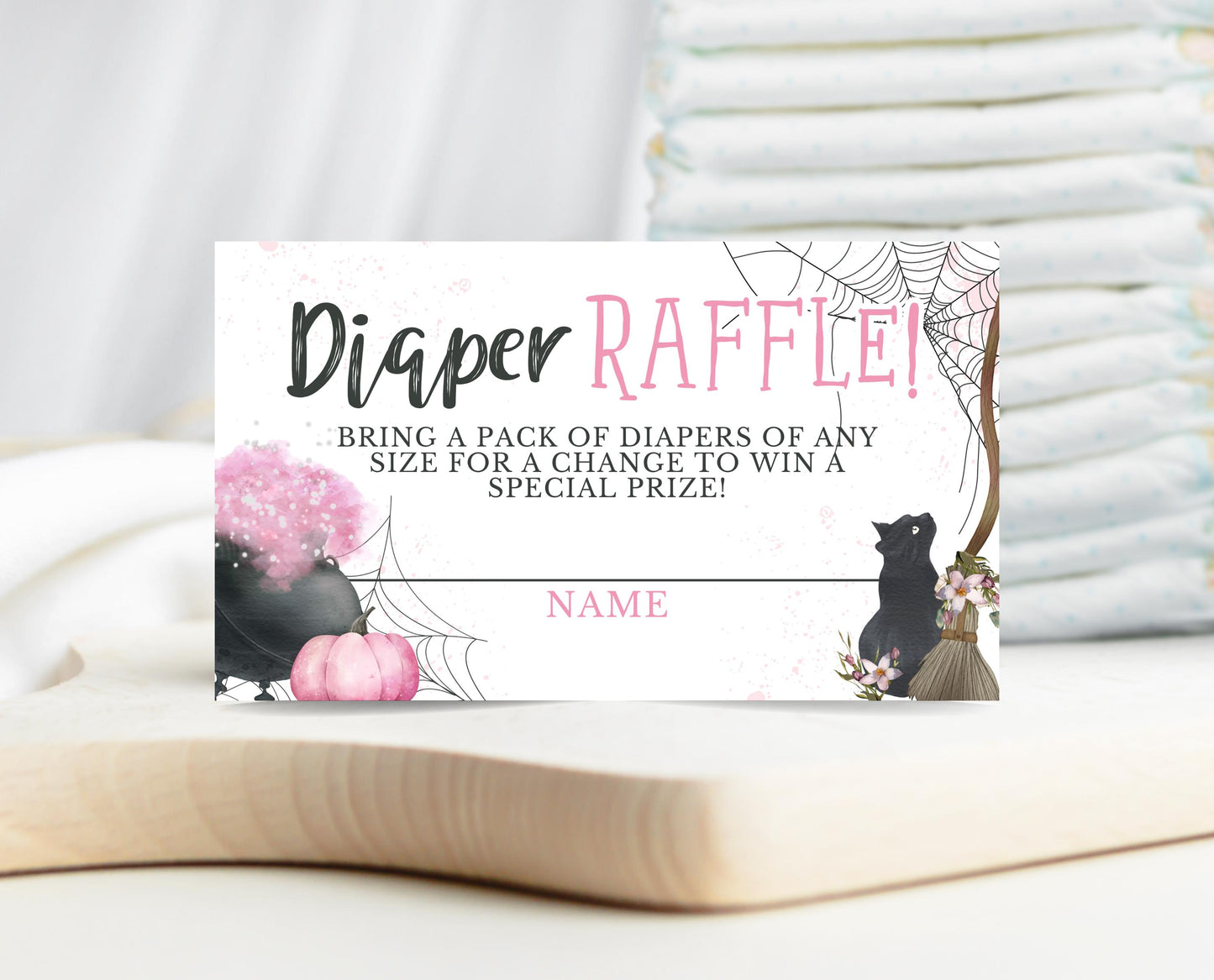 Editable Pink Witch Baby Shower Diaper Raffle Ticket, Pink Girl Witch Baby Shower Game, A Baby Is Brewing Diaper Raffle Game, HBSC06