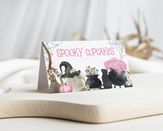 Editable Pink Witch Baby Shower Food Label, Pink Girl Witch Baby Shower Tent Cards, A Baby Is Brewing Diaper Raffle Food Cards, HBSC06