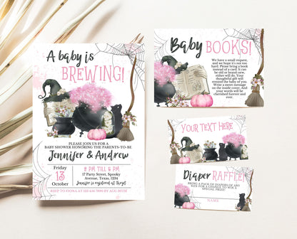 Editable A Baby is Brewing Halloween Baby Shower Invitation Bundle, Girl Halloween Baby Shower Invitation, Pink Witch Baby Shower, HBSC06
