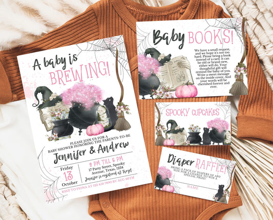 Editable A Baby is Brewing Halloween Baby Shower Invitation Bundle, Girl Halloween Baby Shower Invitation, Pink Witch Baby Shower, HBSC06
