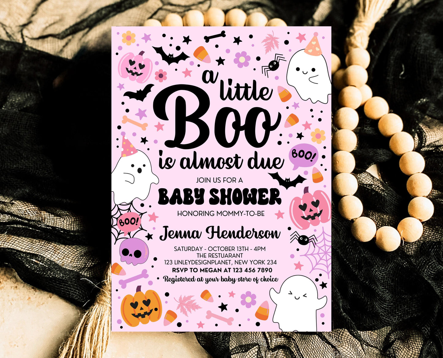 Editable Pink Halloween Baby Shower Invitation, A Little Boo Is Almost Due Baby Shower Invitation, Halloween Baby Shower Template, HBSC07