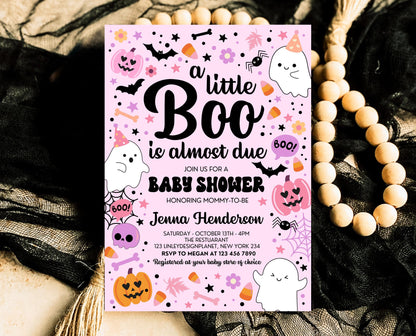 Editable Pink Halloween Baby Shower Invitation, A Little Boo Is Almost Due Baby Shower Invitation, Halloween Baby Shower Template, HBSC07