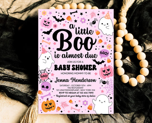 Editable Pink Halloween Baby Shower Invitation, A Little Boo Is Almost Due Baby Shower Invitation, Halloween Baby Shower Template, HBSC07