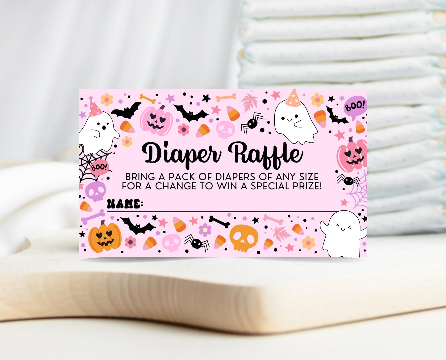 Editable Pink Witch Baby Shower Diaper Raffle Ticket, Pink Girl Ghost Baby Shower Game, A Little Boo Is Almost Due Diaper Game, HBSC07