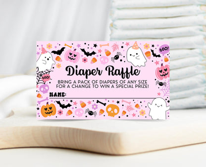 Editable Pink Witch Baby Shower Diaper Raffle Ticket, Pink Girl Ghost Baby Shower Game, A Little Boo Is Almost Due Diaper Game, HBSC07
