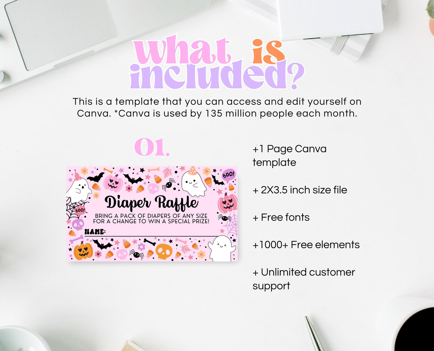 Editable Pink Witch Baby Shower Diaper Raffle Ticket, Pink Girl Ghost Baby Shower Game, A Little Boo Is Almost Due Diaper Game, HBSC07