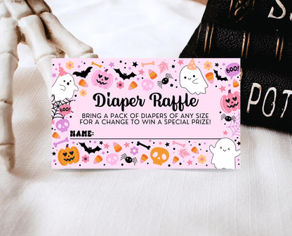 Editable Pink Witch Baby Shower Diaper Raffle Ticket, Pink Girl Ghost Baby Shower Game, A Little Boo Is Almost Due Diaper Game, HBSC07