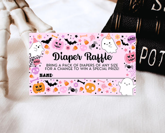 Editable Pink Witch Baby Shower Diaper Raffle Ticket, Pink Girl Ghost Baby Shower Game, A Little Boo Is Almost Due Diaper Game, HBSC07