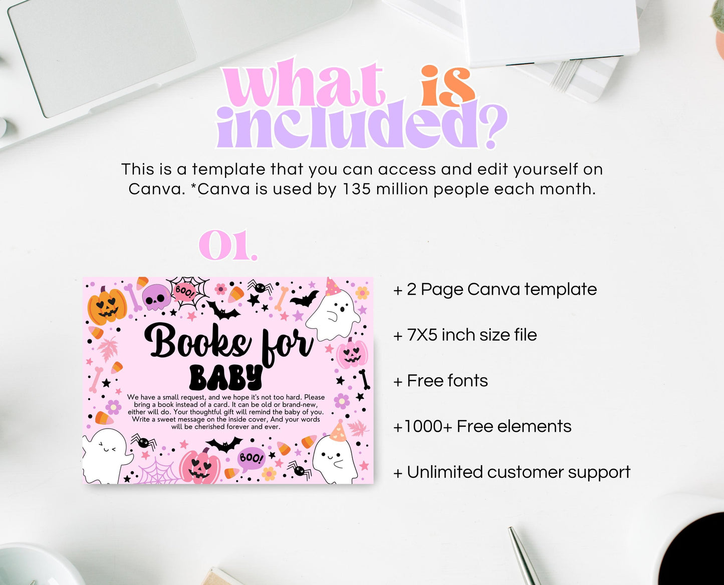 Editable A Little Boo Is Almost Due Book Insert Card Template, Pink Halloween Baby Shower Baby Books, Girl Ghost Book Request Card, HBSC07