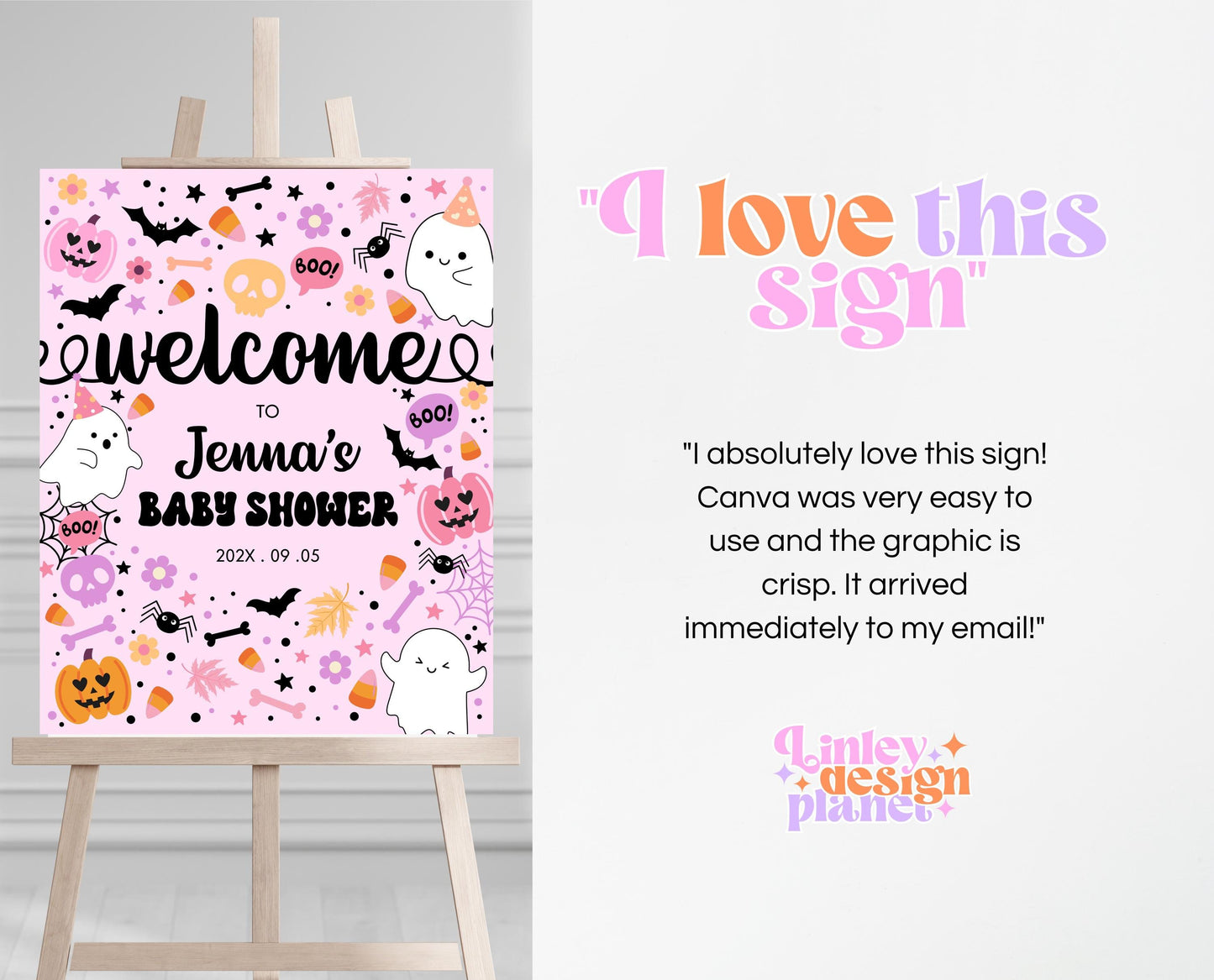 Editable Halloween Baby Shower Welcome Sign, Pink Girl Halloween Baby Shower Welcome Poster, A Little Boo Is Almost Due Welcome Sign, HBSC07
