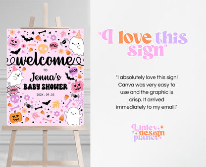 Editable Halloween Baby Shower Welcome Sign, Pink Girl Halloween Baby Shower Welcome Poster, A Little Boo Is Almost Due Welcome Sign, HBSC07