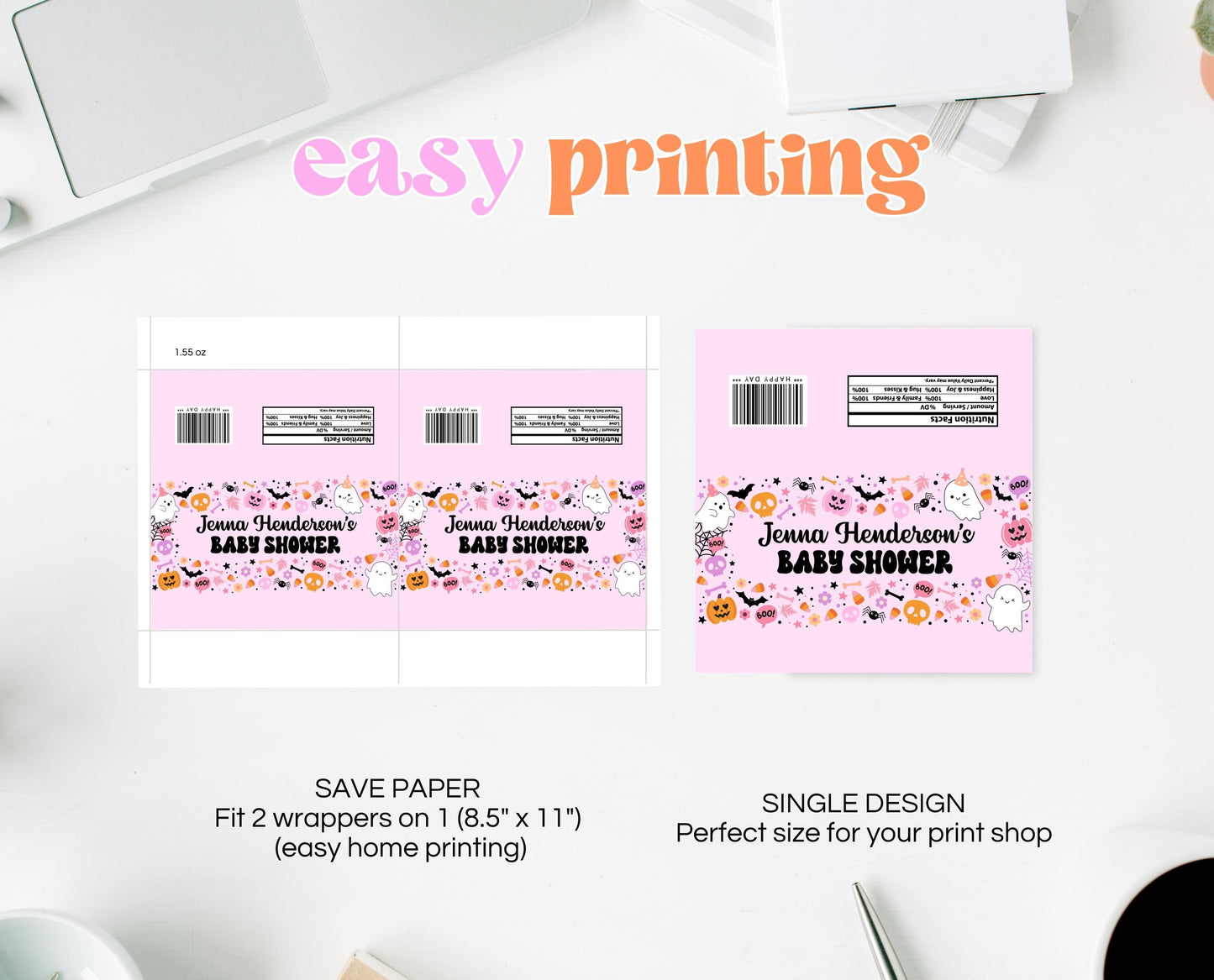 Editable Halloween Baby Shower Candy Wrapper, Pink Girl Halloween Baby Shower Chocolate Wrapper, Candy Labels, Boy Baby Shower, HBSC07