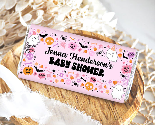 Editable Halloween Baby Shower Candy Wrapper, Pink Girl Halloween Baby Shower Chocolate Wrapper, Candy Labels, Boy Baby Shower, HBSC07