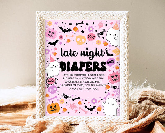 Late Night Diapers Sign Halloween Baby Shower, Pink Halloween Baby Shower, Printable Sign, A Little Boo Is Almost Due Baby Shower, HBSC07