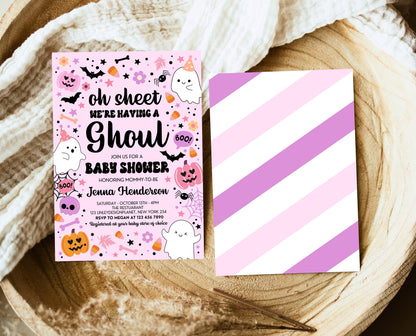 Editable Pink Halloween Baby Shower Invitation, Oh Sheet We're Having A Ghoul Baby Shower Invitation, Halloween Baby Shower Template, HBSC07