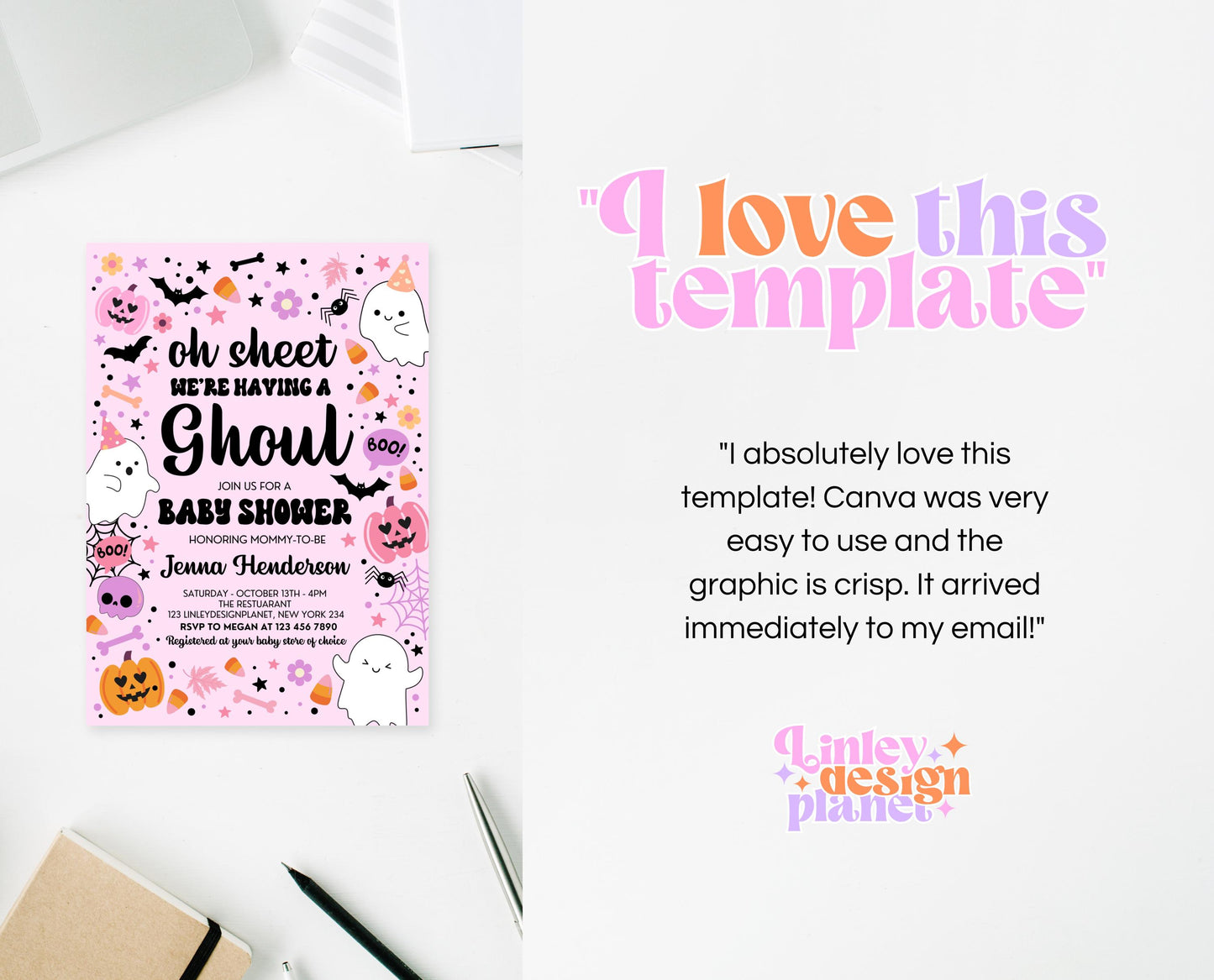 Editable Pink Halloween Baby Shower Invitation, Oh Sheet We're Having A Ghoul Baby Shower Invitation, Halloween Baby Shower Template, HBSC07