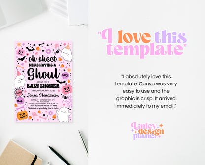Editable Pink Halloween Baby Shower Invitation, Oh Sheet We're Having A Ghoul Baby Shower Invitation, Halloween Baby Shower Template, HBSC07