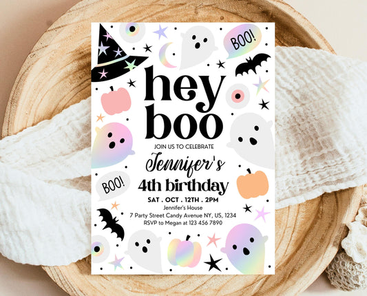 Editable Pastel Halloween Birthday Invitation, Holographic Halloween Invitation, Spooky Invitation, Halloween Template, Printable, PHBP02