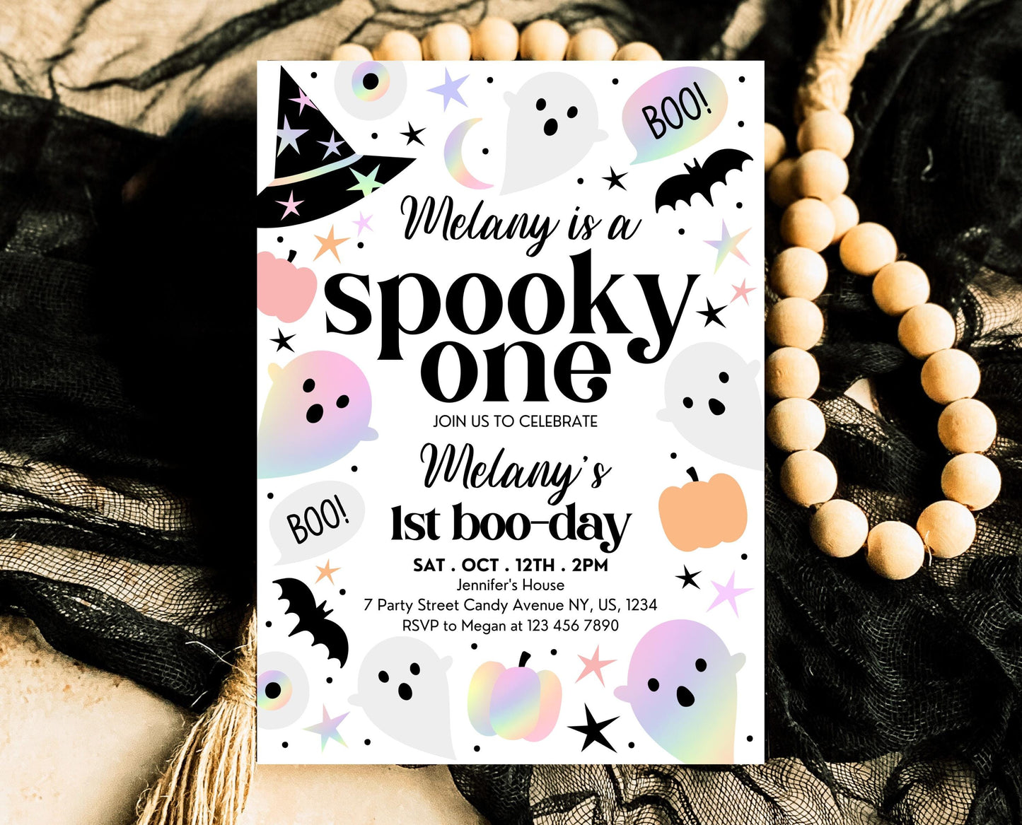 Editable Pastel Halloween First Birthday Invitation, Holographic Halloween, Spooky One Invitation, Halloween Template, Printable, PHBP02