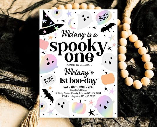 Editable Pastel Halloween First Birthday Invitation, Holographic Halloween, Spooky One Invitation, Halloween Template, Printable, PHBP02