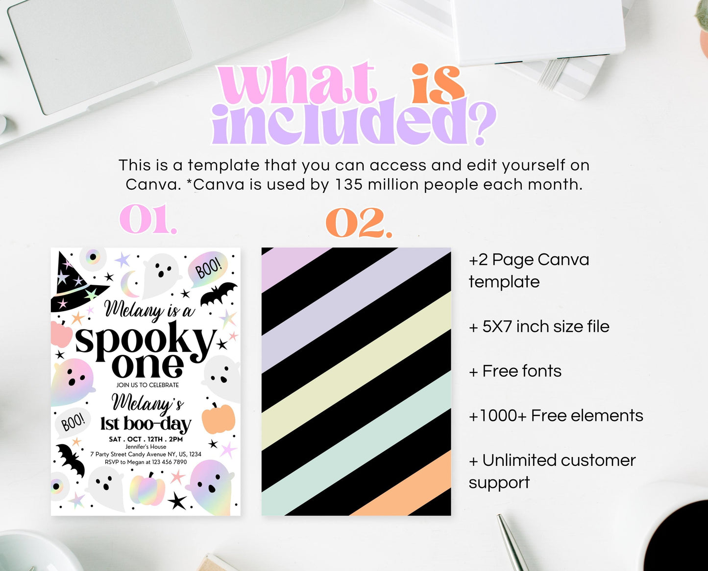 Editable Pastel Halloween First Birthday Invitation, Holographic Halloween, Spooky One Invitation, Halloween Template, Printable, PHBP02