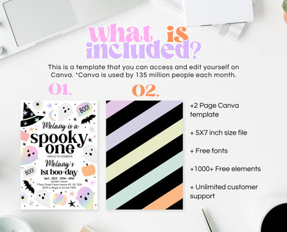 Editable Pastel Halloween First Birthday Invitation, Holographic Halloween, Spooky One Invitation, Halloween Template, Printable, PHBP02