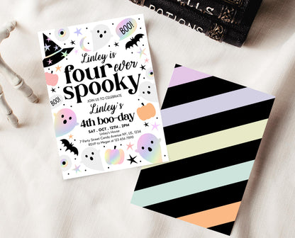 Editable Pastel Halloween Fourth Birthday Invitation, Holographic Halloween, Four Ever Spooky Invite, Halloween Template, Printable, PHBP02
