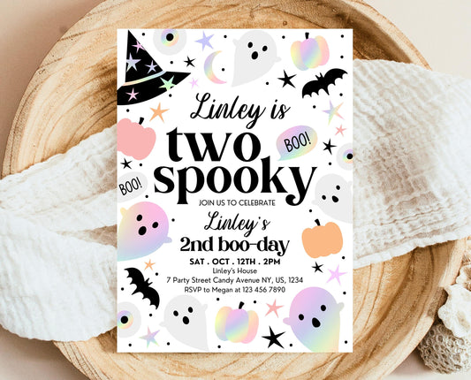 Editable Pastel Halloween 2nd Birthday Invitation, Holographic Halloween, Girl Two Spooky Invite, Halloween Template, Printable, PHBP02