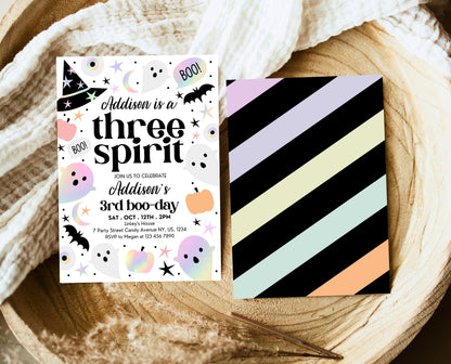 Editable Pastel Halloween Third Birthday Invitation, Holographic Halloween, Girl Three Spirit Invite, Halloween Template, Printable, PHBP02