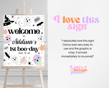 Editable Pastel Halloween Birthday Welcome Sign, Holographic Halloween Sign, Spooky Welcome Poster, Halloween Template, Printable, PHBP02