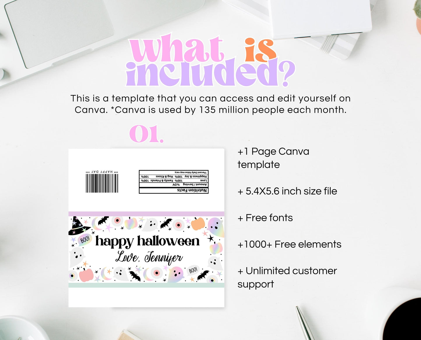 Editable Pastel Halloween Chocolate Wrapper, Holographic Halloween Candy Wrapper, Pastel Pink Chocolate Label, Template, Printable, PHBP02