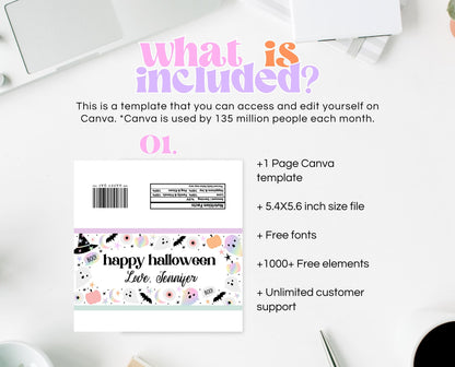 Editable Pastel Halloween Chocolate Wrapper, Holographic Halloween Candy Wrapper, Pastel Pink Chocolate Label, Template, Printable, PHBP02