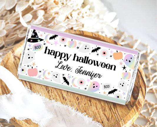Editable Pastel Halloween Chocolate Wrapper, Holographic Halloween Candy Wrapper, Pastel Pink Chocolate Label, Template, Printable, PHBP02